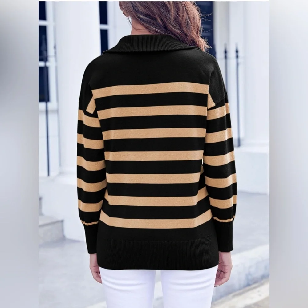 NWOT Women’s Long Sleeve Lightweight Khaki  & Black Striped Half Zip Sweat… - Picture 4 of 8